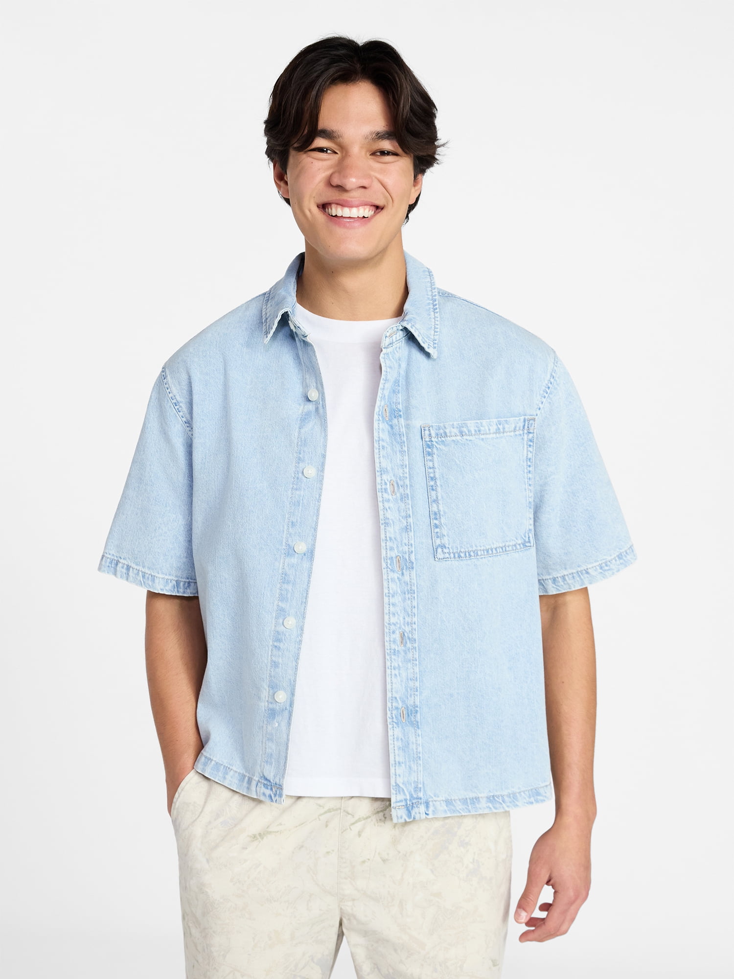 No Boundaries Denim Boxy Fit Shirt with Short Sleeves, Men's XS-4XLT