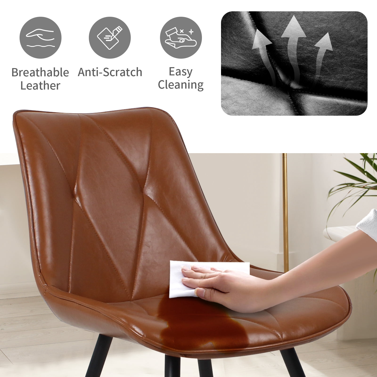 Set of 2 Brown Faux Leather Dining Chairs, Ergonomic Backrest with Thick Foam Cushion, Metal Legs & FSC Frame, Waterproof Easy-Clean PU Leather, Support 300 lbs