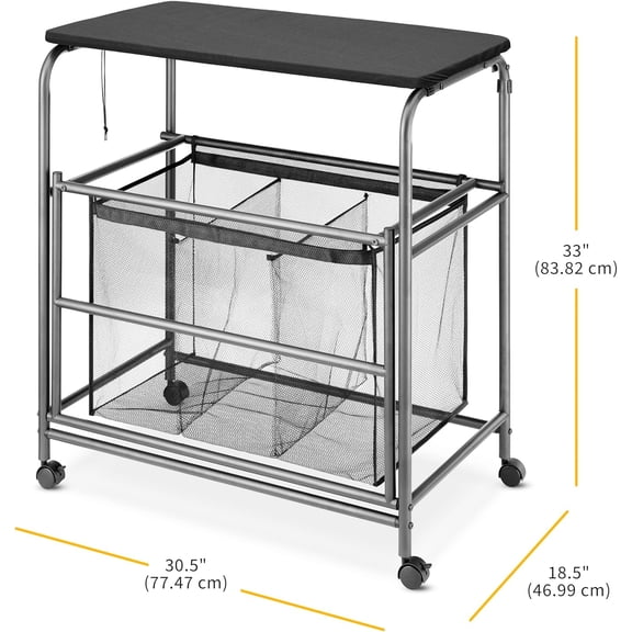Triple Laundry Sorter with Ironing & Folding Table - Rolling Storage Cart for Clothes