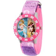 Princess Cinderella and Belle Girls' Stainless Steel Time Teacher Watch, Pink Bezel, Purple Hook and Loop Stretchy Nylon Strap with Pink Backing