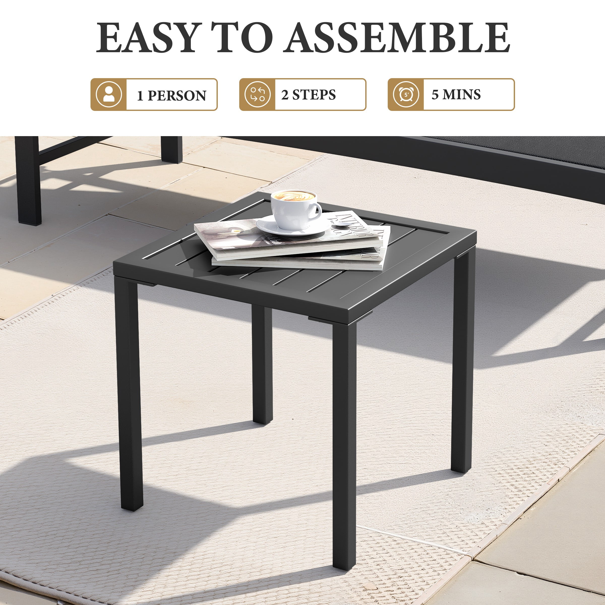 Crestlive Products 15.7" x 15.7" Outdoor Side Table, All-Weather Aluminum Square Patio End Table, Black