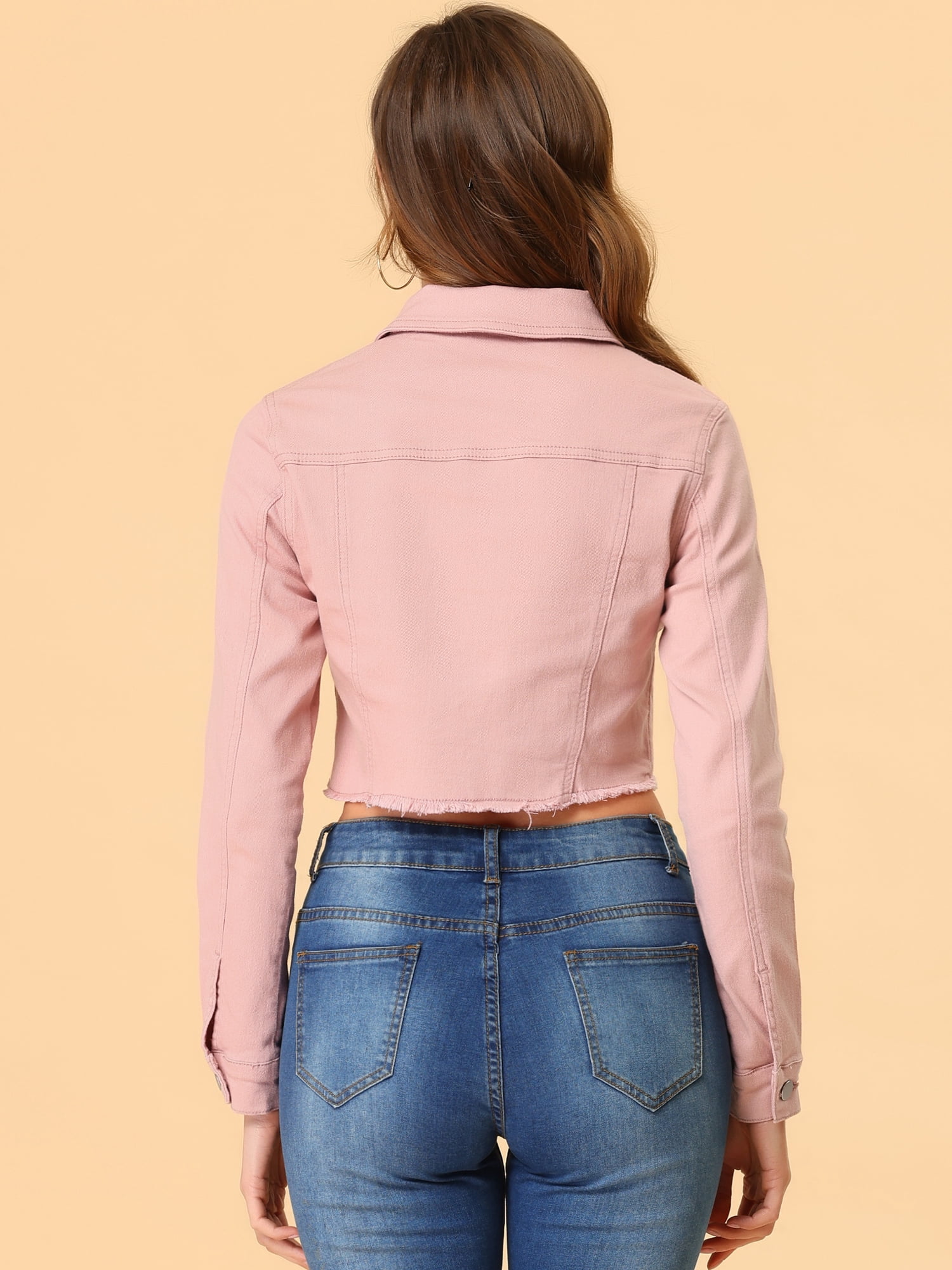 DARING DIVA Women's Frayed Button Up Washed Cropped Denim Jackets S Pink