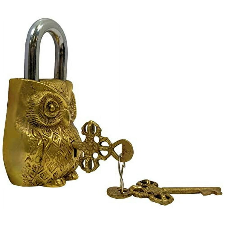 Brass Padlock - Lock with Keys - Working Functional - Brass Made - Type :  (OWL - Brass Finish)