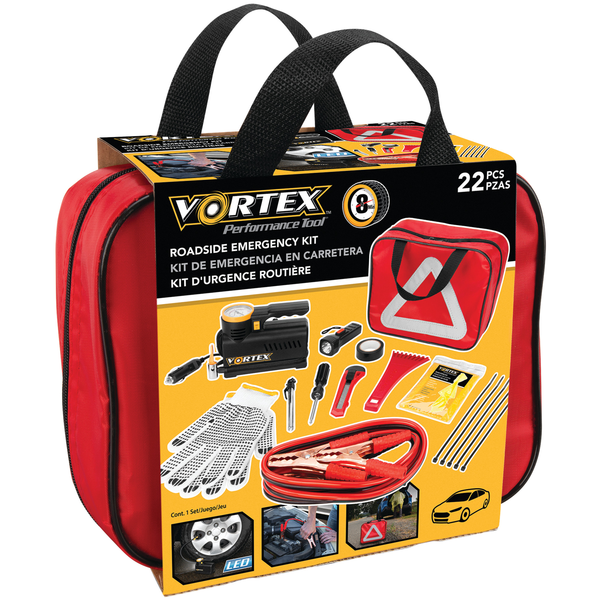 Performance Tool E00012 22 pc. Essential Roadside Assistance Kit: 12V Vortex Tire Inflator, Booster Cables, LED Flashlight, Safety Tools, Emergency Kit, Toolkit with Cable Ties, Gloves, Storage Case