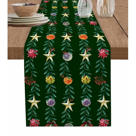 Ldtrchee Green Christmas Table Runner 36 Inches Green Botanical Xmas Balls Star Bed Runner Dresser Scarves Tabletop for Indoor Outdoor Parties/Ceremony/Banquet 13 x 36