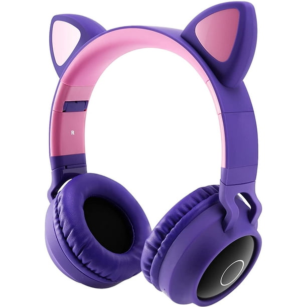Audífonos Bluetooth con luz LED de orejas de gato, plegables y ajustables sobre la oreja con micrófono y control de volumen 3 en 1 para iPhone, iPad, smartphones, laptop, PC y TV. Rojo Verde Competitivo