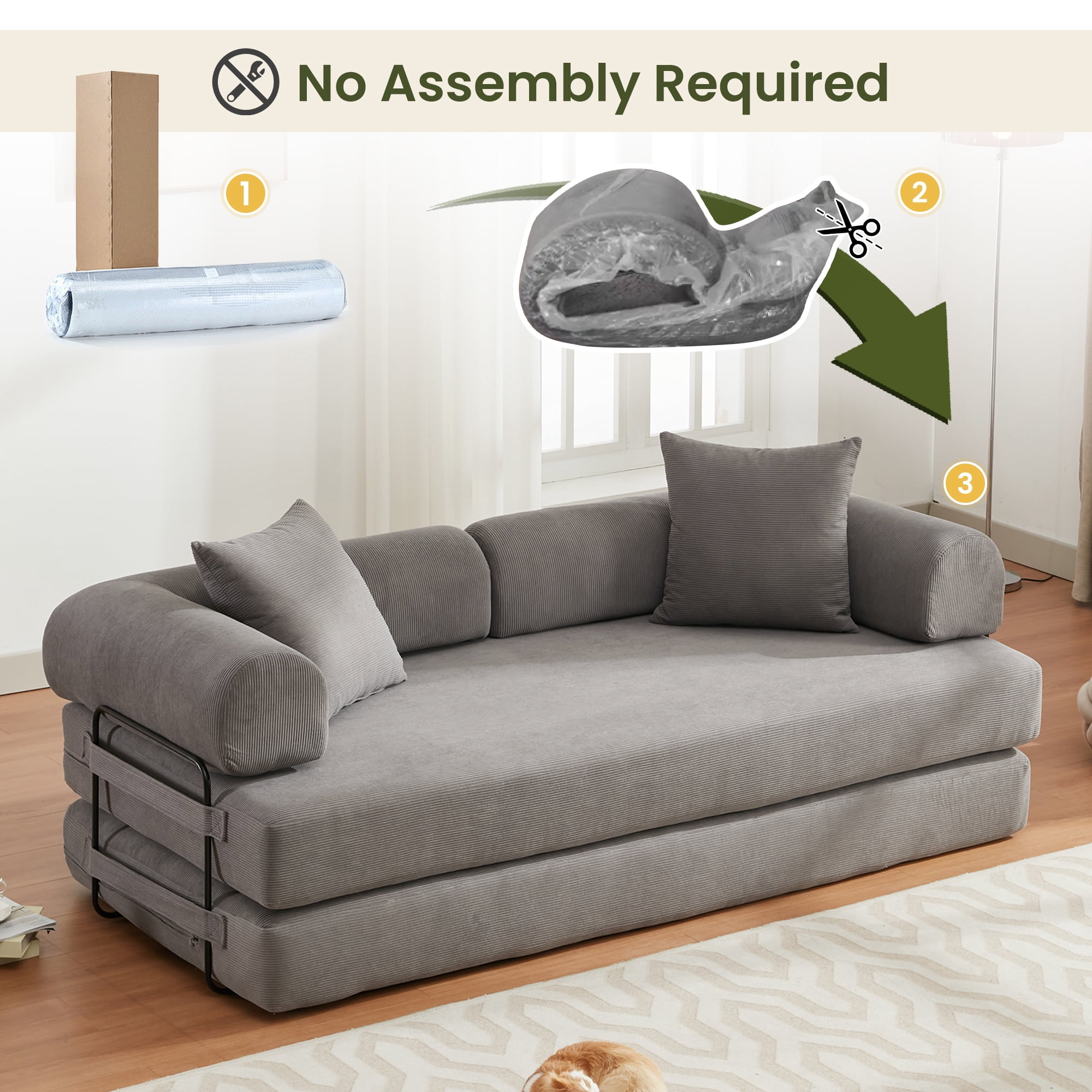 Muumblus 78" Corduroy Loveseat Cloud Sofa , Queen Size Convertible Slpper Couch Bed for Living Room, Gray