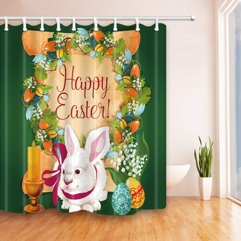 BPBOP Rabbit eggs in green Easter Polyester Fabric Bath Curtain