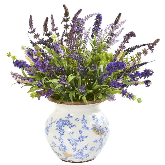 Nearly Natural Lavender Artificial Flower Arrangement in Floral Vase, Lavender