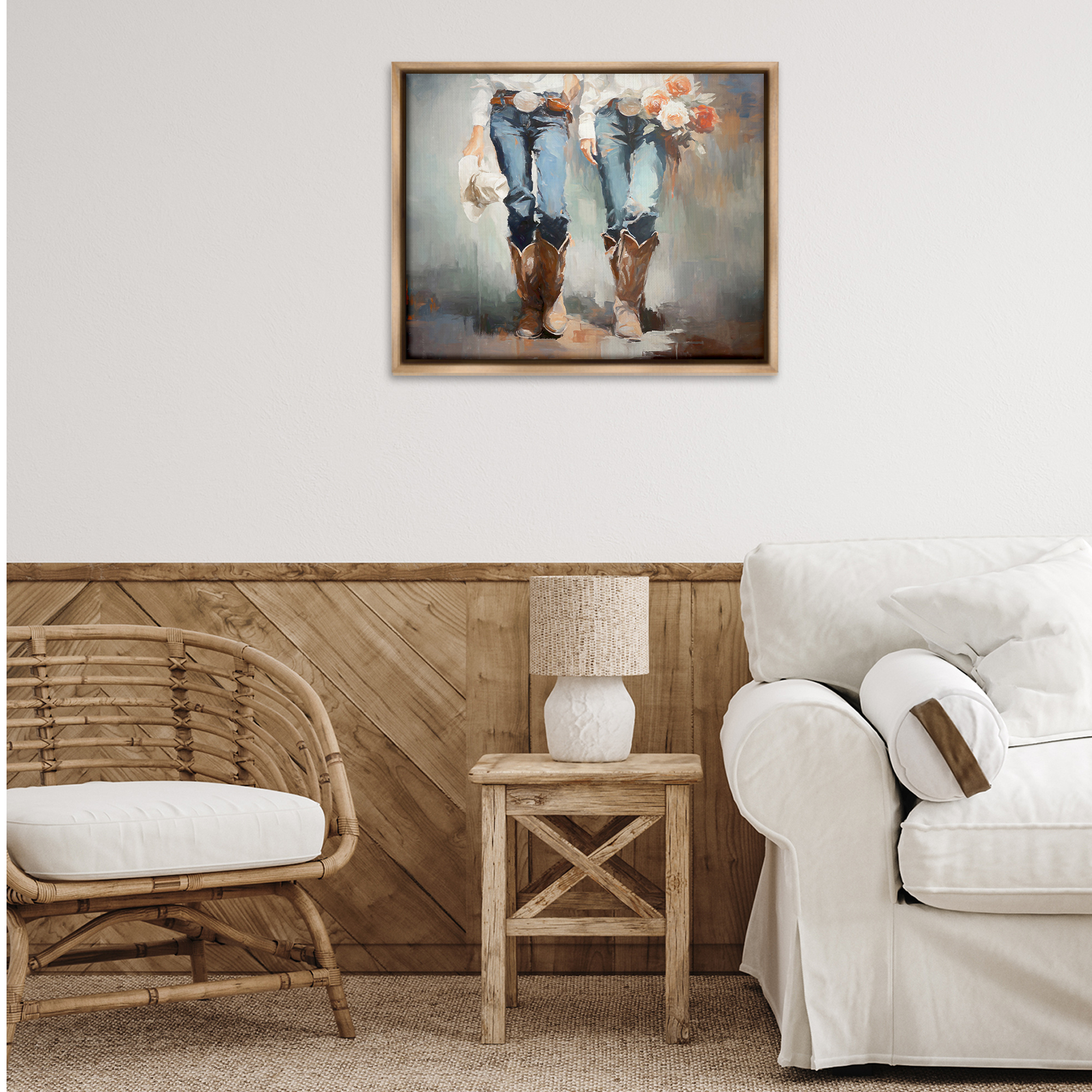 Stupell Industries Floral Cowgirl Pair Novelty Painting Brown Floater Framed Canvas Art Print Wall Art, 31 x 25