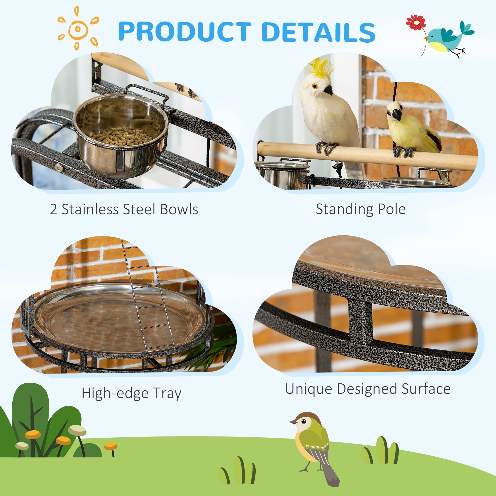 Parrot Stand Large Bird Perch Stand with Toy Hook & 3 Ladders, Parrot Perch with Easy Grip, Bird Wooden Stand, Gray