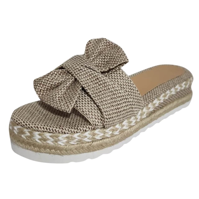 Kcodviy Sandales Respirantes à Bout pour Femme d'Été en Raphia, Chaussures de Plage Plates Tissées pour Femme, Sandales de Randonnée pour Femme, Sandales Ouvertes à Enfiler, Taille 12, Sandales pour Femme avec Nœud, Sandales pour Femme