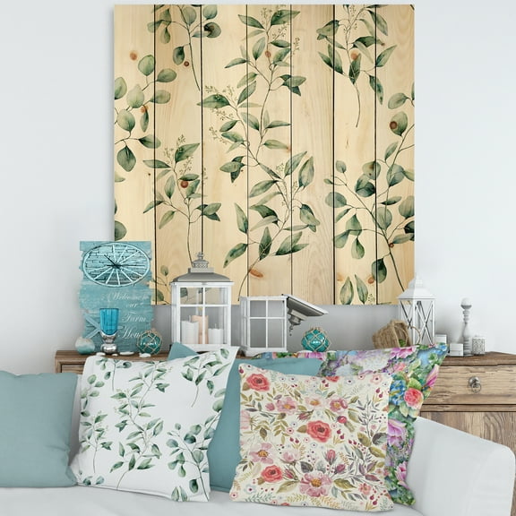Designart 'Green Eucalyptus Plant Branches IV' Traditional Print on Natural Pine Wood