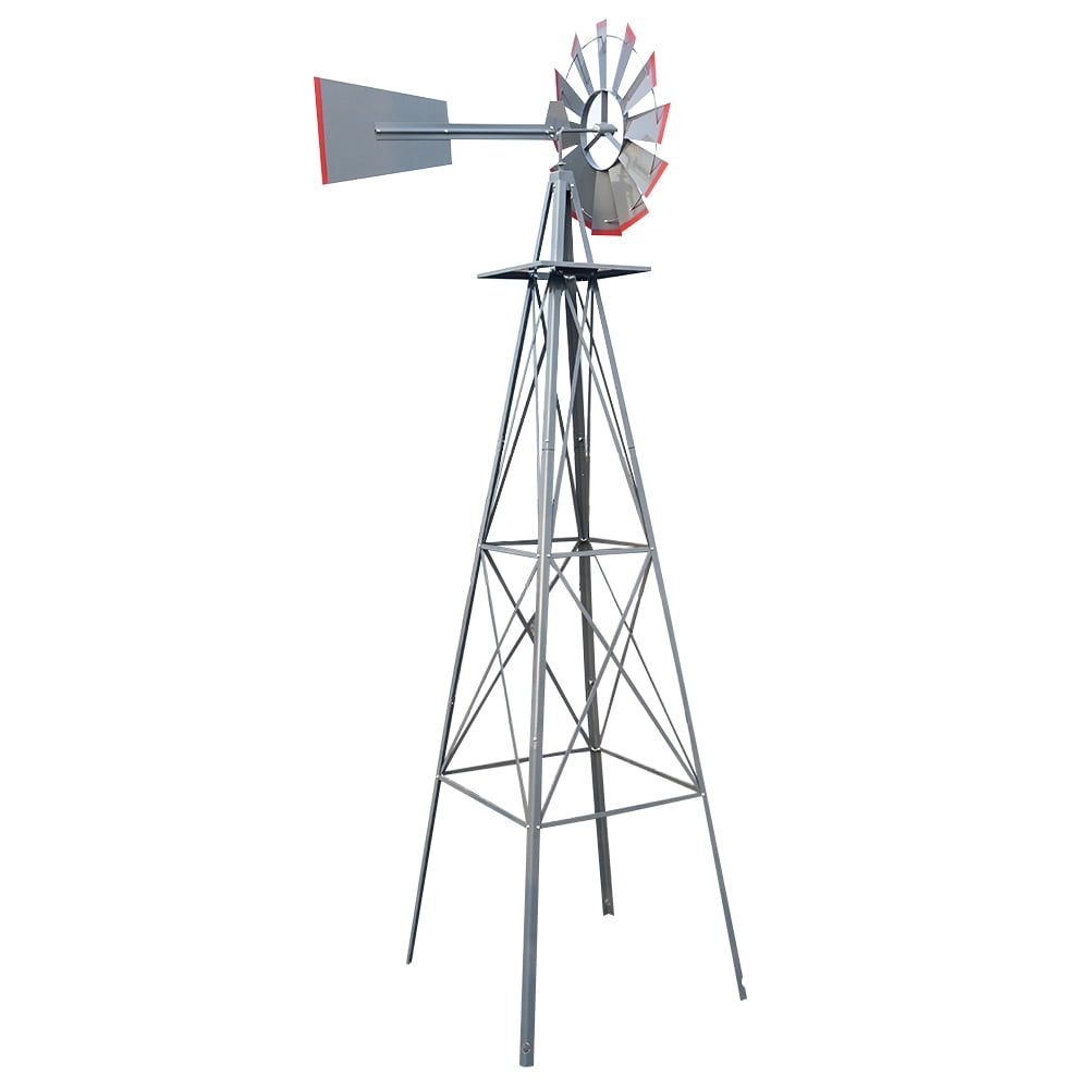 8FT Weather Resistant Yard Garden Windmill, Gray & Red