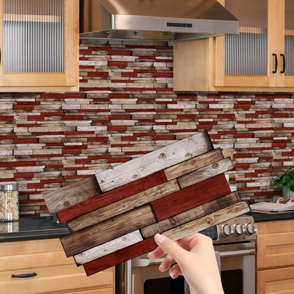 12Pcs Red Beige Brown Wood Grain Tiles Stickers 4.72 x 9.68inch Self Adhesive DIY Decor Wall Decals Waterproof Peel and Stick Kitchen Backsplash