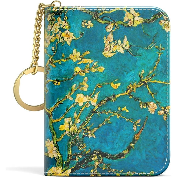shiyou-Credit Card Holder, Small RFID Wallet Slim Leather Card Organizer Case with Zipper and Keychain, Van Gogh Almond Tree