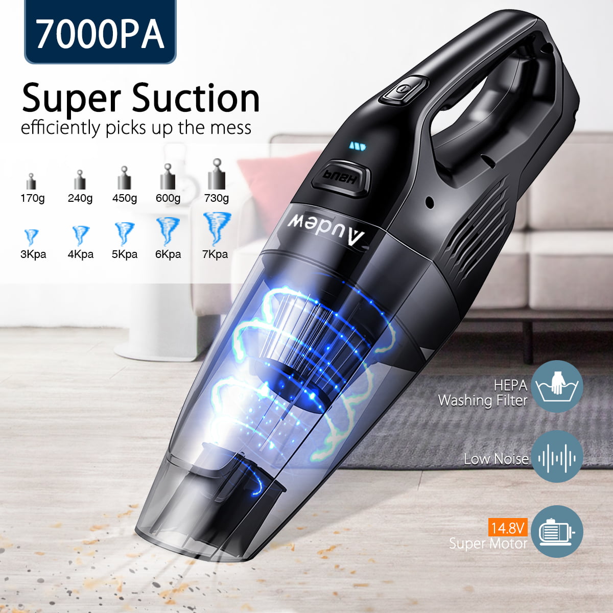 daxiaoyu Portable Hoover Household and Car Cleaning Handheld Cordless Rechargeable Wet and Dry Power Hoover for Pet Hair 