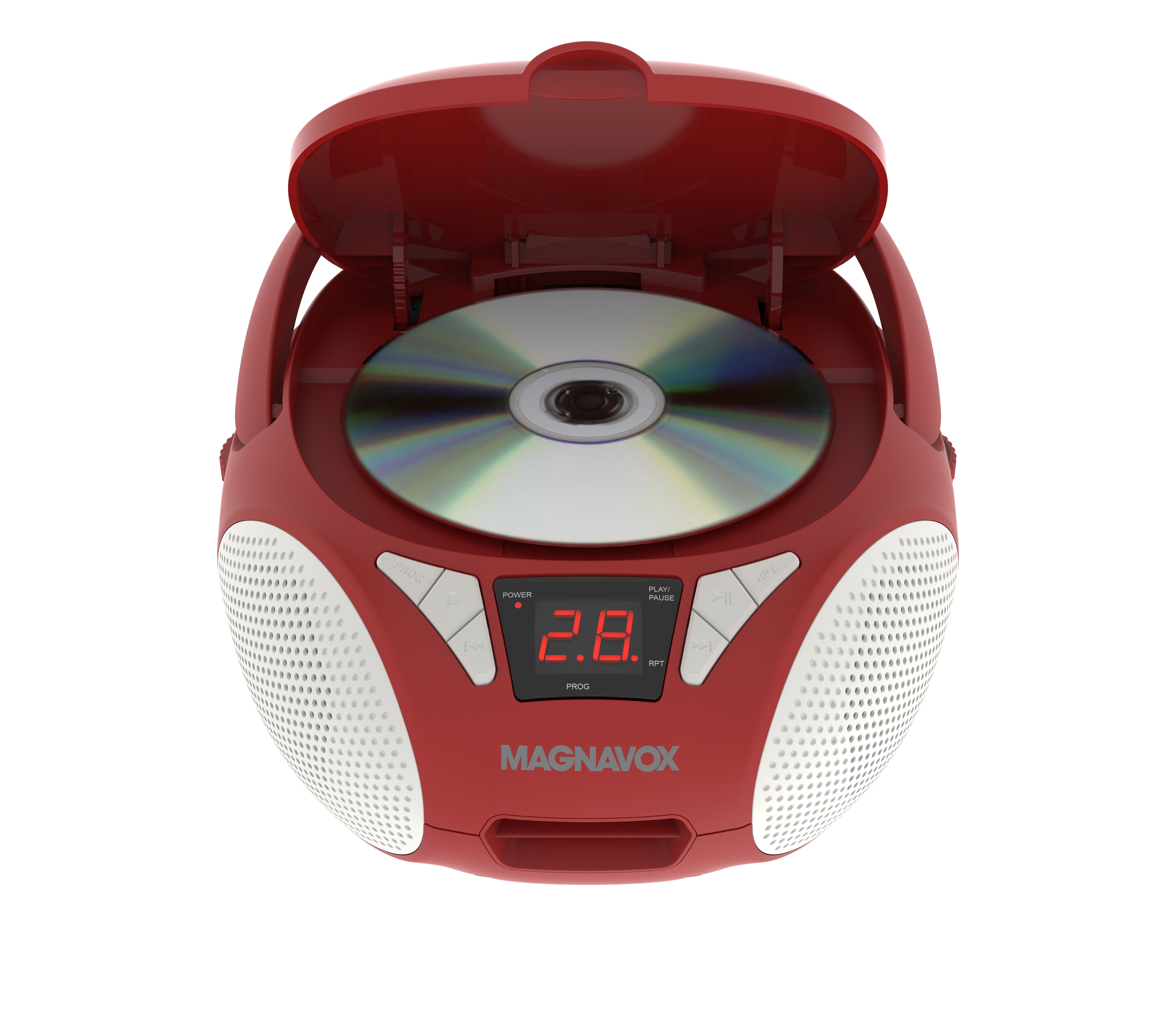 Magnavox Portable CD Boombox with FM Stereo Radio, Top-Loading CD Player, AUX Input, LED Display, AC/DC Power, Battery Operated Boombox, Red