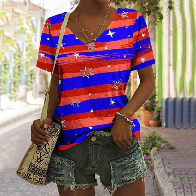 Fiudx Ofertas Flash Del Día Blusa Superior con Estampado de Manga Corta y Cuello En V, Cómoda E Informal, a La Moda para Mujer