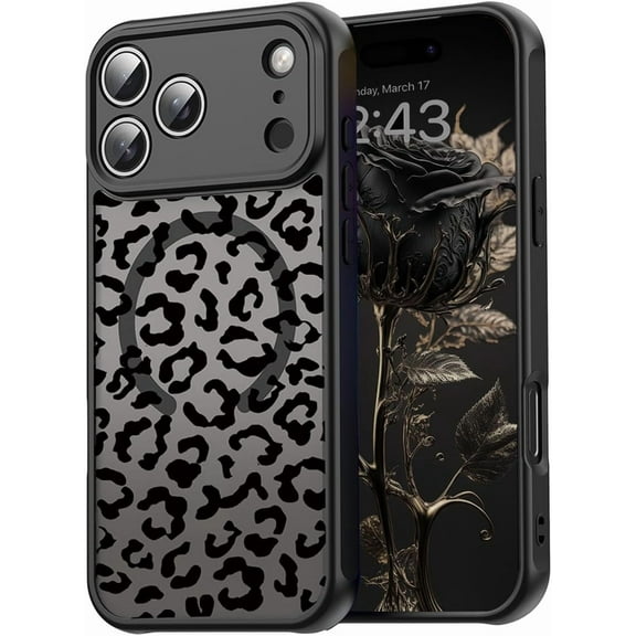 Magnetic Case for iPhone 17 Pro Max, [Compatible with MagSafe] Cute Black Floral Pattern Case Clear Back Soft TPU Bumper Shockproof Slim Cover for Women Girls for iPhone 17 Pro Max, Leopard