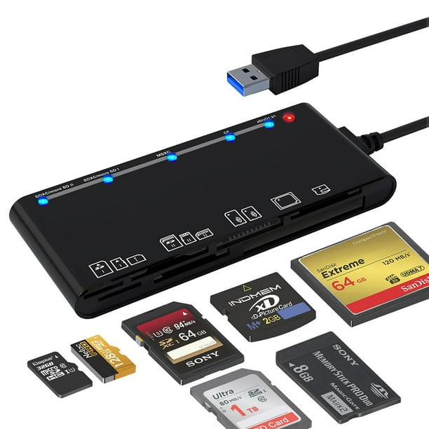 Lector de tarjetas USB 3.0, lector de tarjetas de memoria 7 en 1, USB 3.0 (5 Gbps) Solución de tarjetas CF/SD/TF/XD/MS/Micro SD Lector de tarjetas todo en uno para Windows XP/Vista/Mac OS/Linux , etc