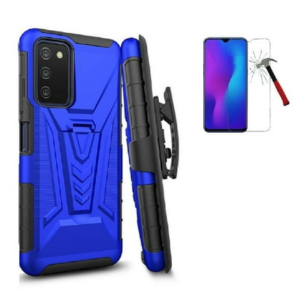 For Samsung Galaxy A03s (Straight Talk / TracFone ), Belt Clip Holster with Built-in Kickstand + Tempered Glass (Blue)