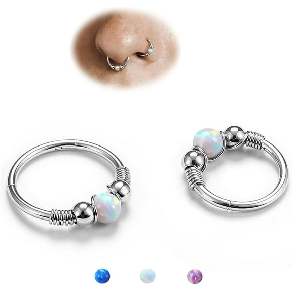 2Pcs Silver Opal Nose Rings for Women - 316L Surgical Steel Nose Hoops Piercing 18G Septum Rings Jewelry Cartilage Conch Daith Helix Tragus Earrings 8mm 10mm Sytle1