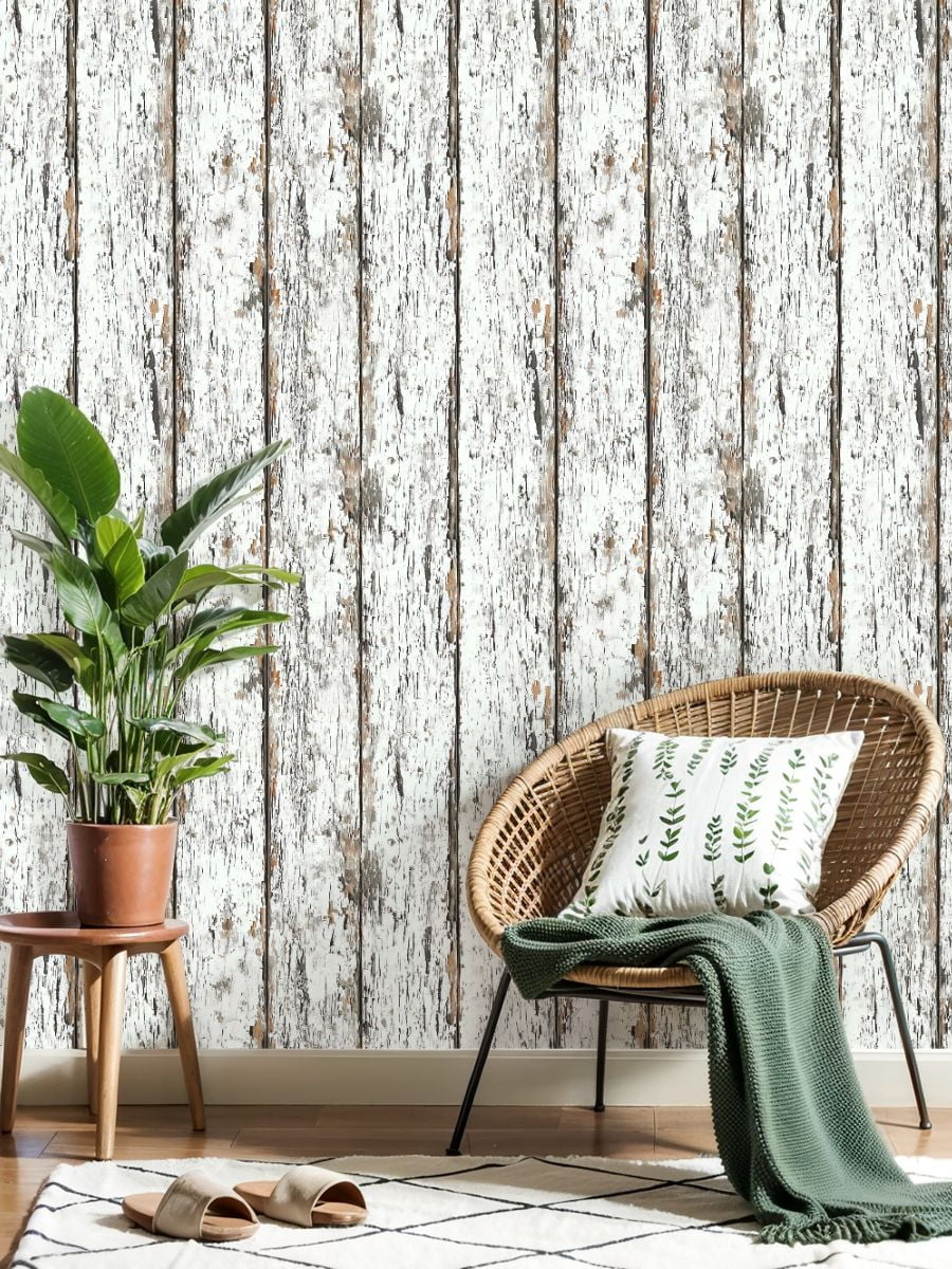 Peel and Stick Wallpaper White Rustic Wooden Planks Peeling Paint Distressed Wall Mural 23.6in x 9.8ft Self Adhesive Removable Wall Paper Renter Friendly Wallpaper for Nursery Bedroom Cabinets