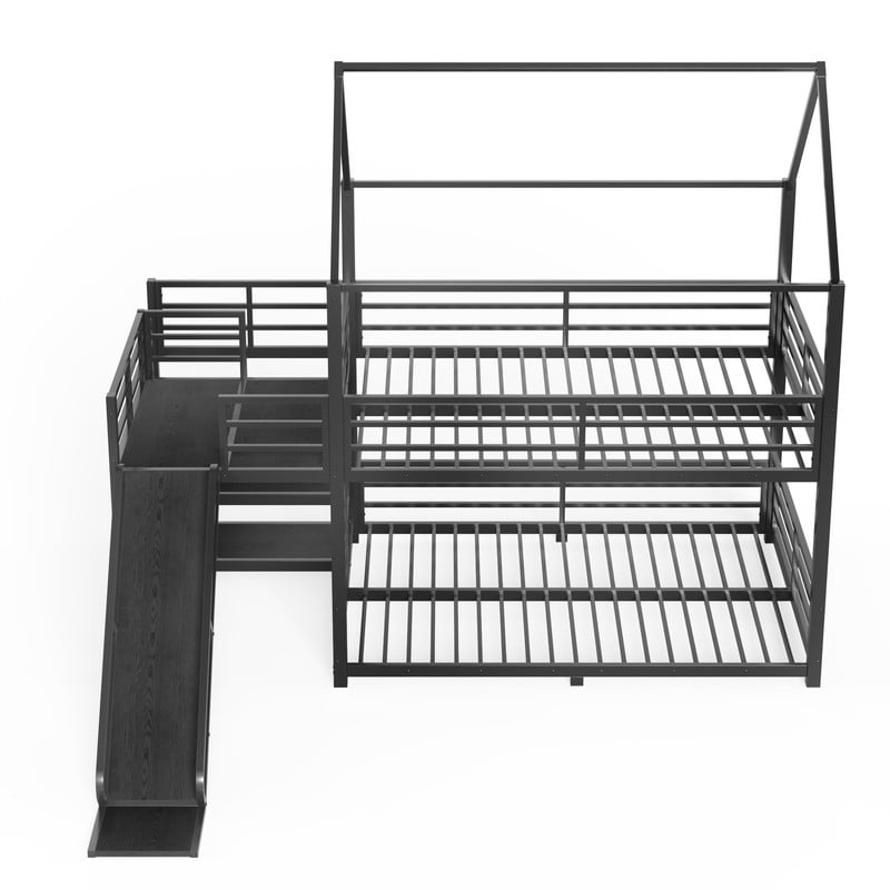 Full-Over-Full Metal House-Shaped Bed Frame with Multi-Functional Storage Stairs, Kids Bunk Bed with Slide