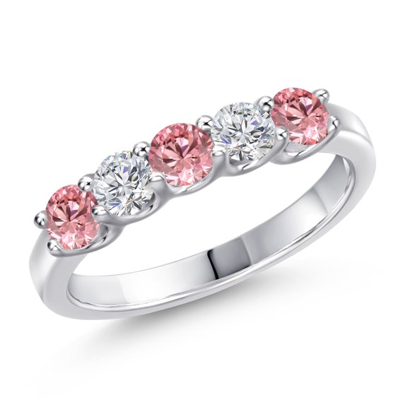 Gem Stone King 925 Sterling Silver Pink and White Lab Grown Diamond Wedding-Bands Ring for Women | 0.88 Cttw | Round 3.5MM | Gemstone April Birthstone | Size 6