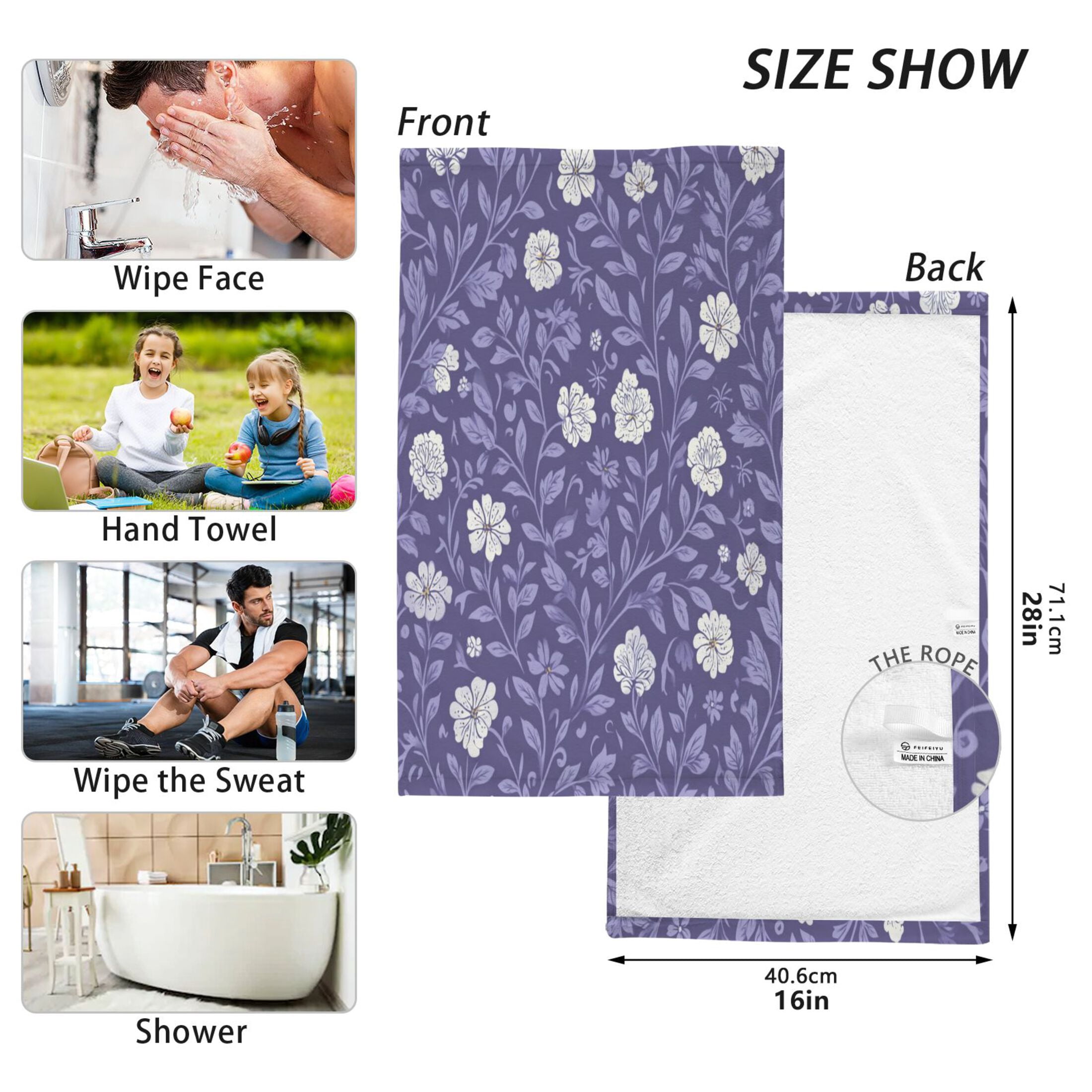 2 Pieces of Cotton Towel Face Towel Set Hand Towel Bath Towel Cotton Bath Towel Sets Dark Purple Leaves and Flowers
