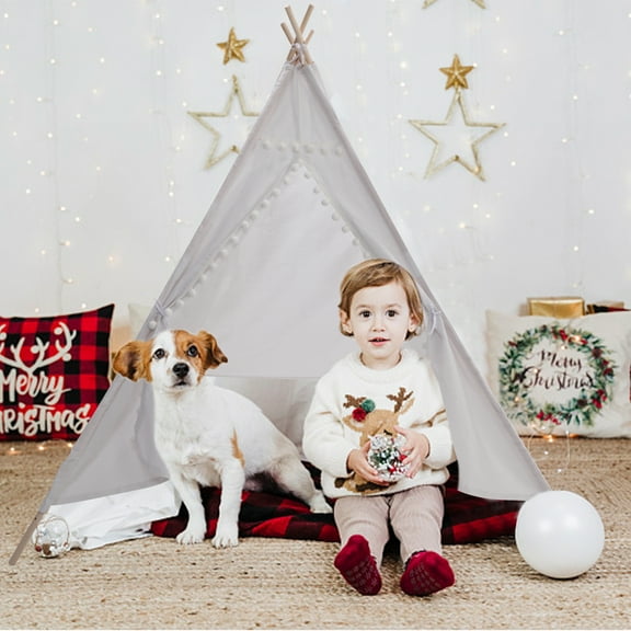 Children's Play Tent Canvas Teepee Play Tent White, Toys for Girls/Boys Indoor & Outdoor Playing Party Toy Fort House Birthday Gift Camping Games Supplies