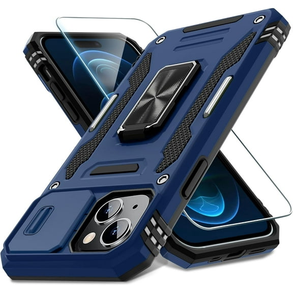 for iPhone 15 Plus Case with Slide Camera Cover Screen Protector(1 Pack), Rotated Ring Kickstand Military Grade Shockproof Protective Cover 6.7 Inch-Navy Blue