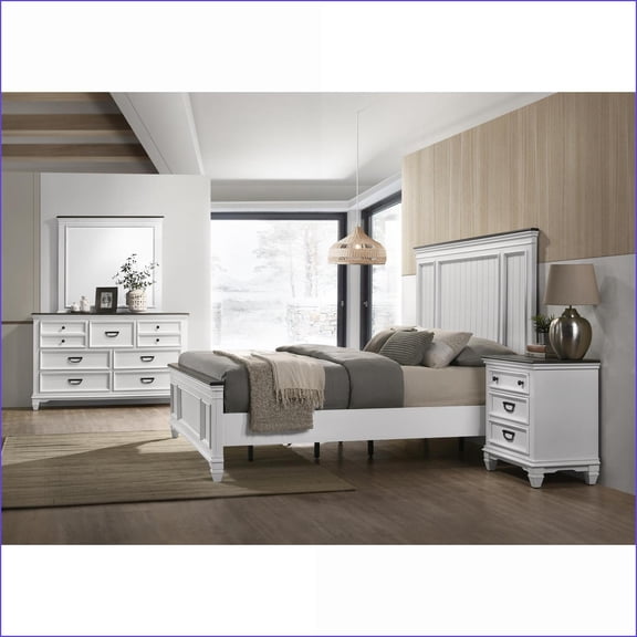 Bedroom Set with King Bed, Dresser, Mirror & Nightstand - Modern Farmhouse Shiplap Weathered White Wood | Wood | Standard Beds