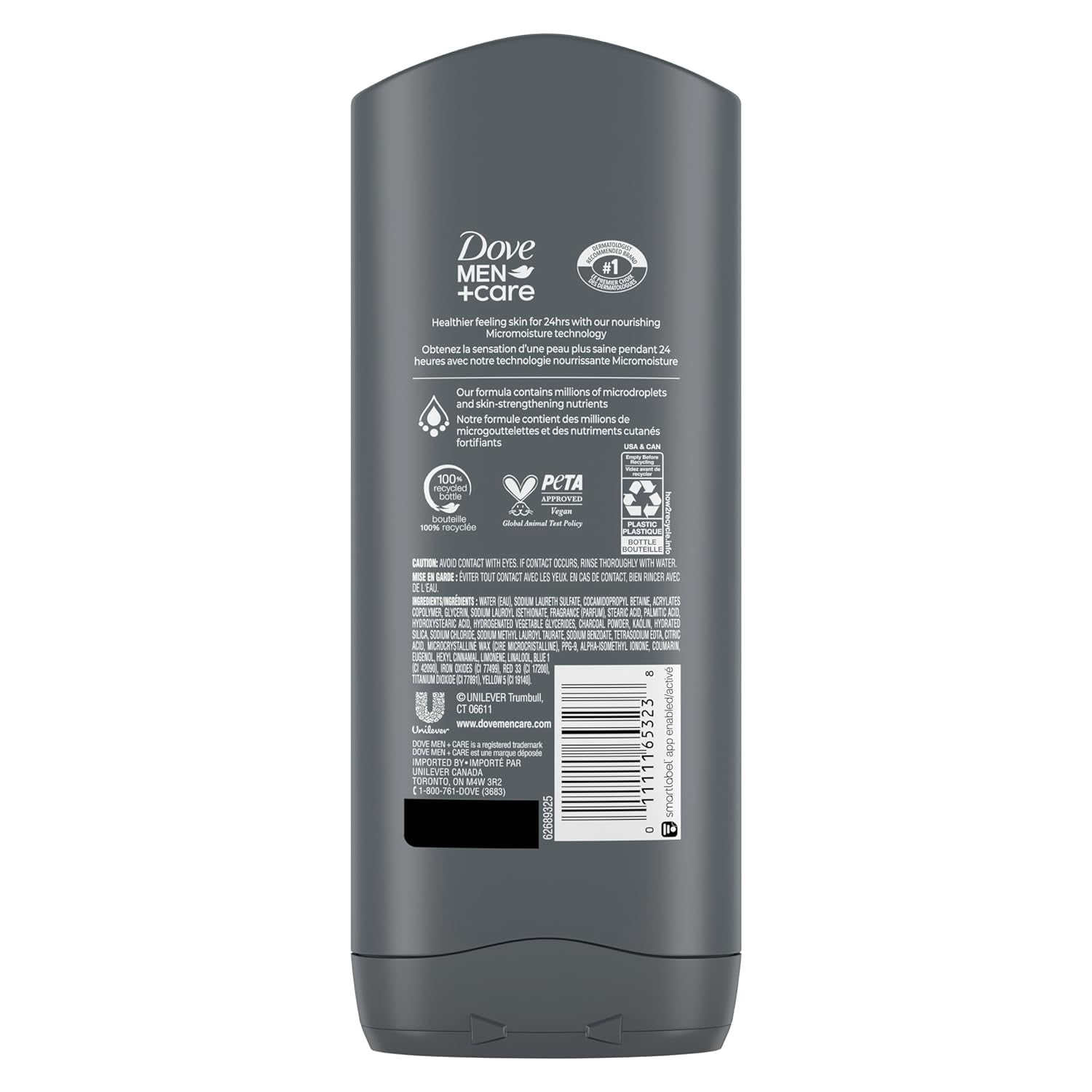 Pack of (3) DOVE MEN + CARE Purifying Charcoal + Clay Body and Face Wash with 24-Hour Nourishing Micromoisture Technology Body Wash for Men, 13.5 oz