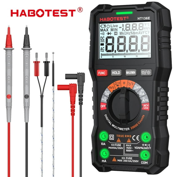HABOTEST HT136E Digital Multimeter, 20000 Counts,DC AC Voltmeter,Auto-Ranging Voltage Tester,Measures Voltage, Current, Resistance, Capacitance, Frequency, Tests Live Wire, Diodes, Continuity