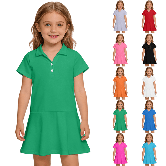 Uniform Dresses for Girls Summer Short Sleeve Athletic Tennis Polo Dress A-Line Twirl Back to School Dress Green 110