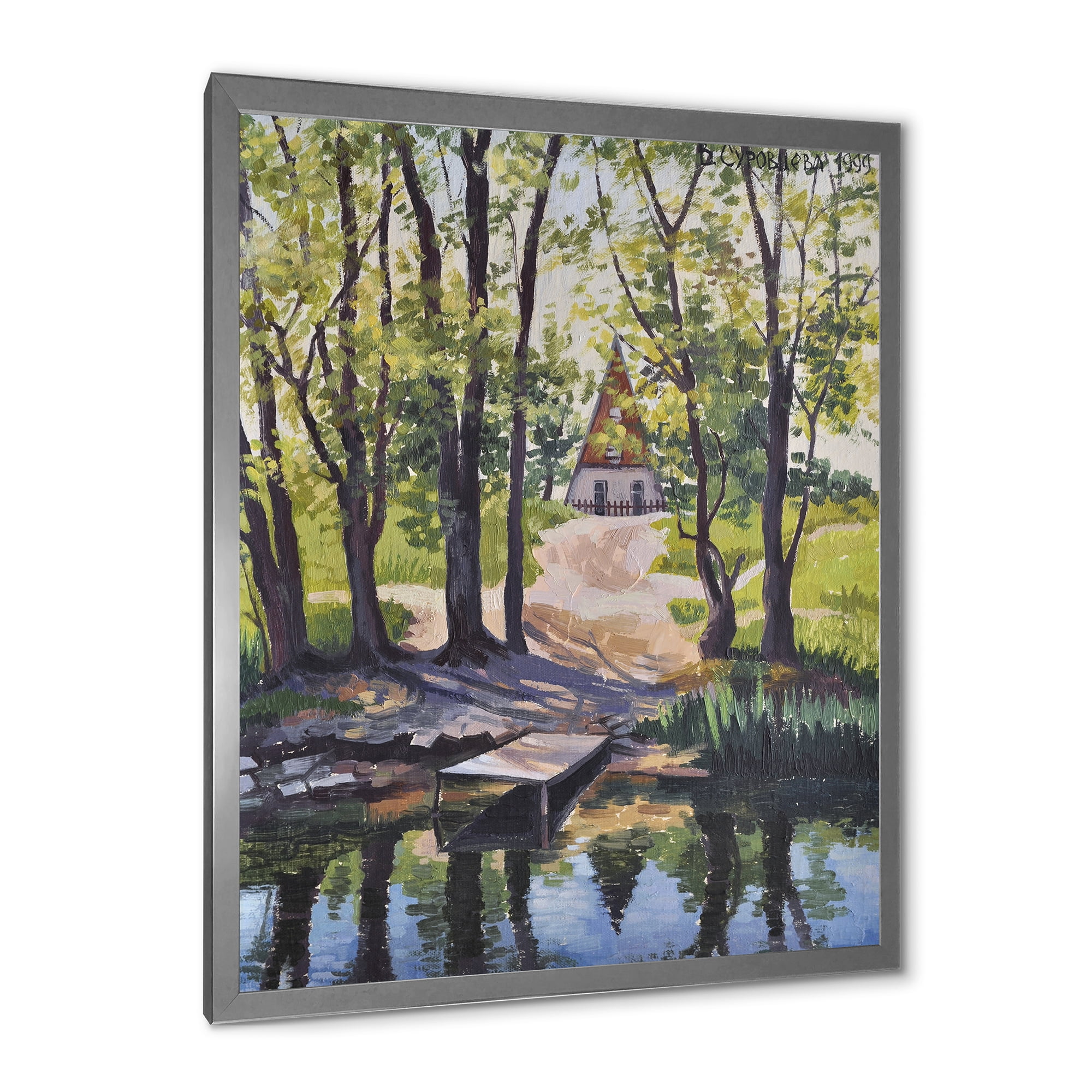 Designart 'Mysterious Countryside House By The River In The Woods' Lake House Framed Art Print