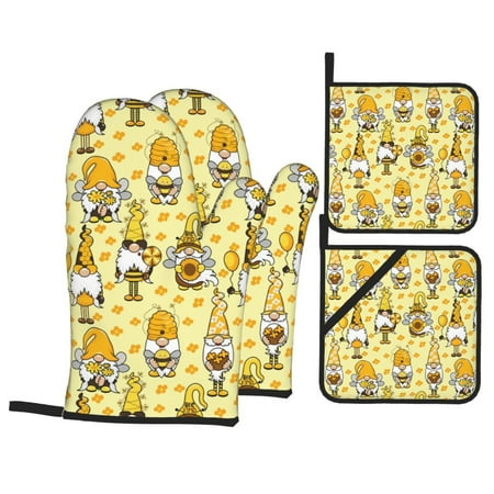 

Oven Mitts and Pot Holders 4 Piece Garden Honeybee Gnomes High Heat Slip Resistant Oven Mitt and Trivets Set Kitchen Oven Glove Pot Holders for Cooking Baking Grilling