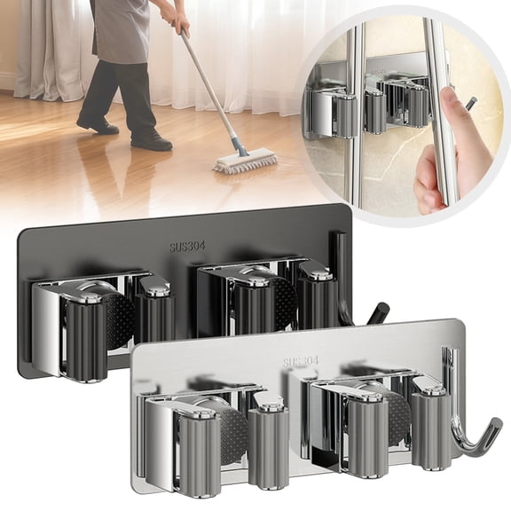 Apeya Mop and Broom Holder Wall Mount, Silver Stainless Steel Double Clips Hanger with Hooks, Adhesive No Drilling Utility Tool Organizer, 1 Pack