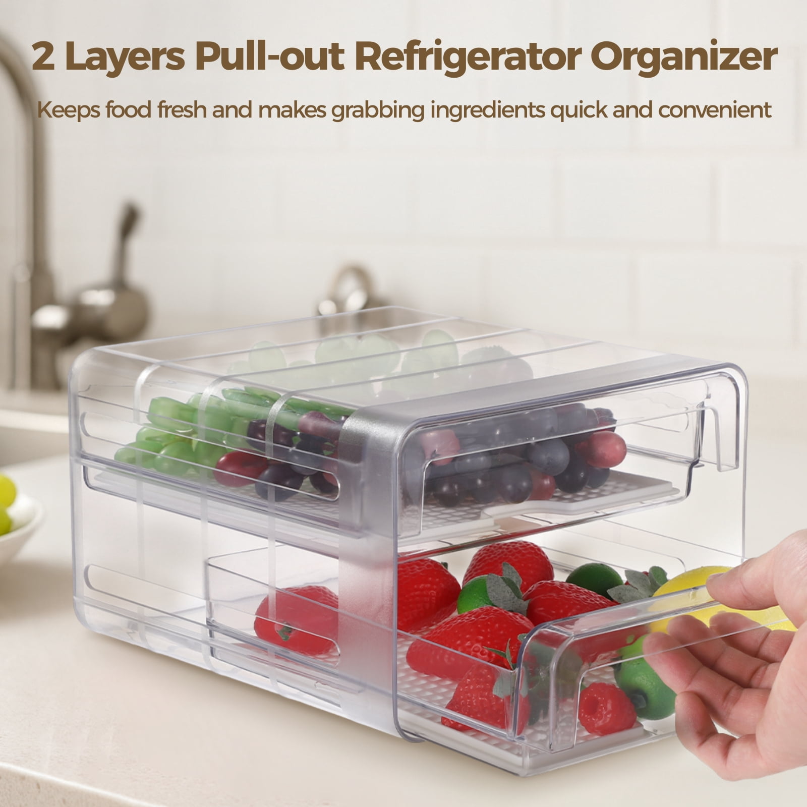2 Layers Refrigerator Organizer, Clear Stackable Fridge Drawer Pull Out Fridge Storage Containers, Double Layer Plastic Refrigerator Organizer Bins with Drain Tray for Fruits, Vegetables, Eggs