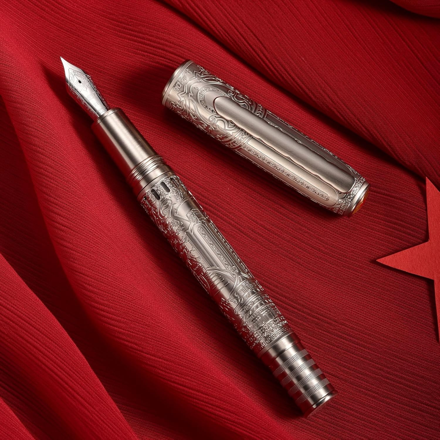 Hongdian 100 Piston Fountain Pen Silver Steel, Iridium Medium Nib Calligraphy Pen, Smooth Writing with Case Set