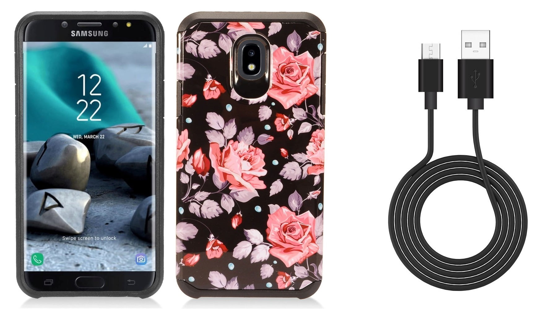 2018 J737 Cherry Blossom - Tri-Shield Military Grade Kickstand Case J7 V 2nd Gen, Refine, Star, Crown, Aura, Top with Flexible USB Cable 3.3 Feet Bemz Accessory Bundle for Samsung Galaxy J7