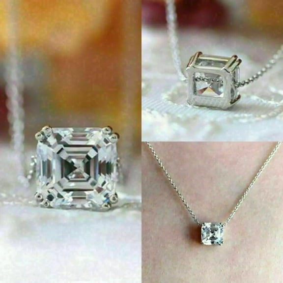 3Ct Asscher Cut Lab Created Diamond Solitaire Women's Pendant Necklace 14k White Gold Plated 18 Inch