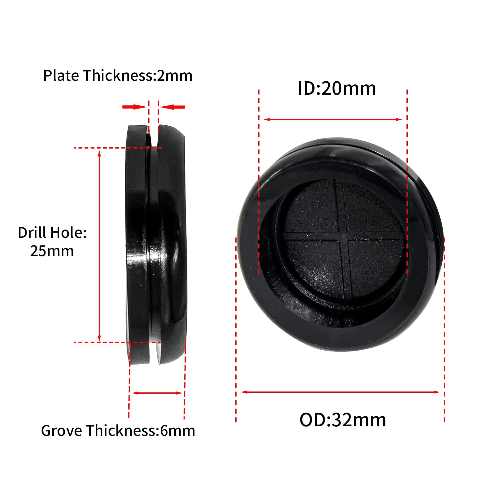 Flyshop Black 25 mm 1" Rubber Plug, 20 mm 13/16" ID, One-sided Cable Protector Synthetic Rubber Grommets Hole Plug Wire Protection, Round, 8-Pack