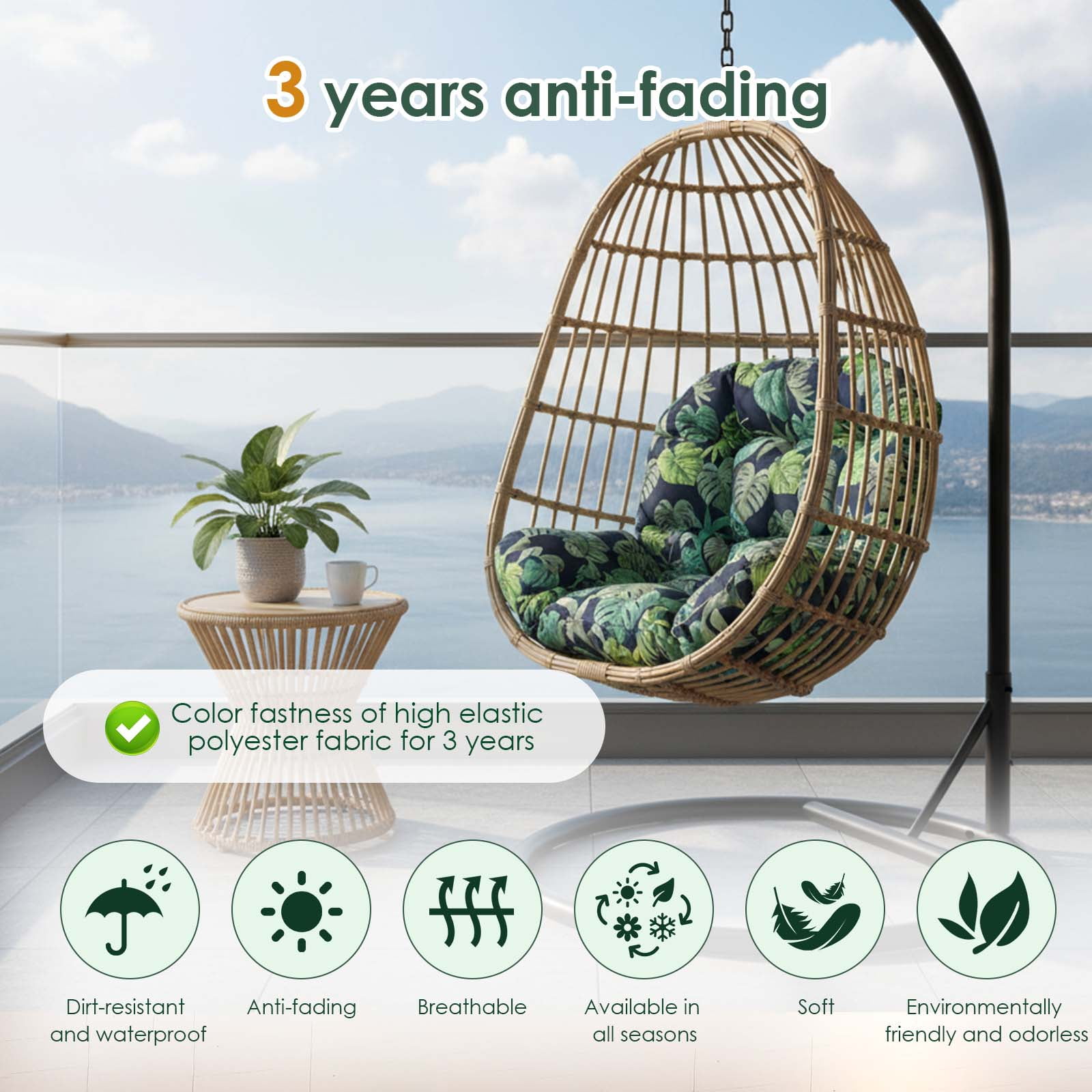 Eurhowing 4" Thick Egg Chair Cushion Replacement, Waterproof & Non-Slip Outdoor Patio Swing Chair Cushions, High-Density Soft Hanging Basket Seat Cushion, Green Leaf