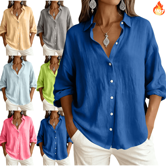 Mifsaly Linen Button Down Shirt Women Collared Long Sleeve Dressy Casual Blouses Lightweight Comfortable Office Work Spring Summer Tops L