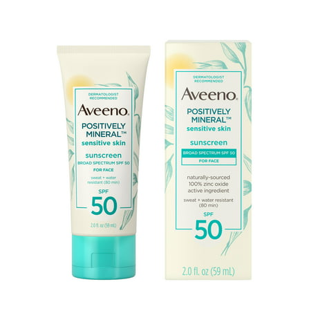 Aveeno Positively Mineral Sensitive Face Sunscreen SPF 50, 2 fl. (Best Mineral Sunblock For Face)