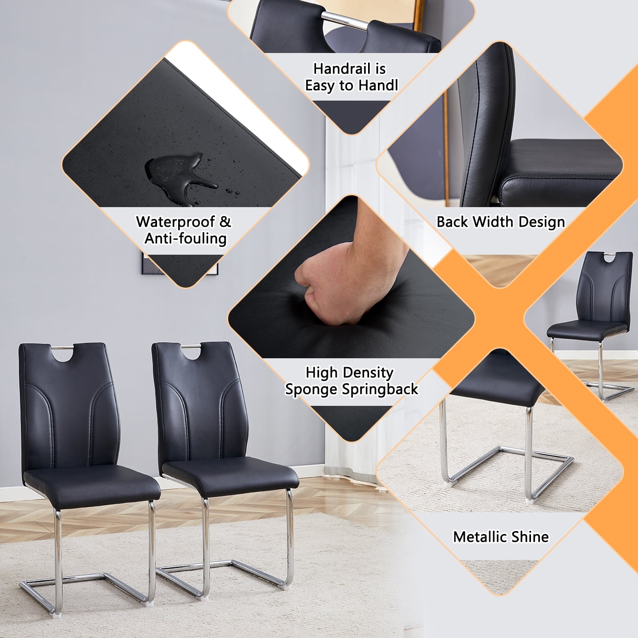 NYEESS Set of 4 Black PU Dining Chairs with Silver Metal Legs, Modern Ergonomic Seating for Kitchen or Office