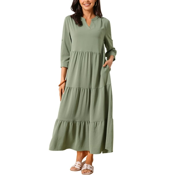 Vestido Maxi Casual de Mujer Inspire Chic con Mangas 3/4, Cuello en V, Corte Suelto y Bolsillos en Verde Ejército